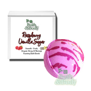 Raspberry Vanilla Sugar Foaming Bath Bomb | Made w/ Organic Moringa Oil, Hemp Seed Oil & Shea | Soothing | Moisturizing | Vegan | Gift Box