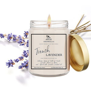 French Lavender Luxury Coconut + Soy Wax Candle | 9 oz Glass Jar with Gold Lid | Hand Poured | Zero Waste & Reusable Glass | Minimalistic De
