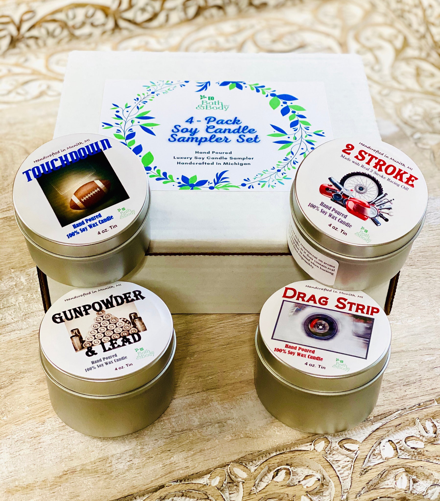 4 Piece Man Cave Soy Candle Gift Box Sampler Set, 2 Stroke